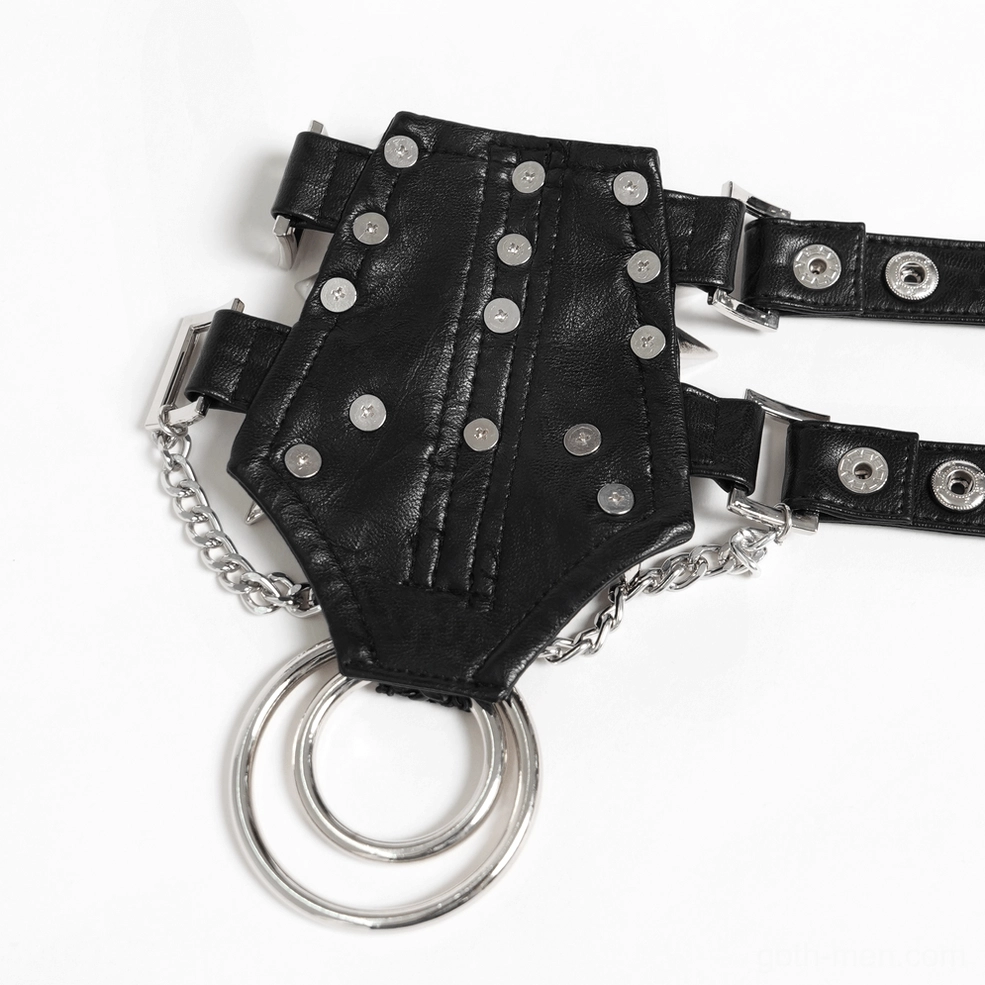 Black gothic leather choker with metal spikes and skull charms, product detail shot