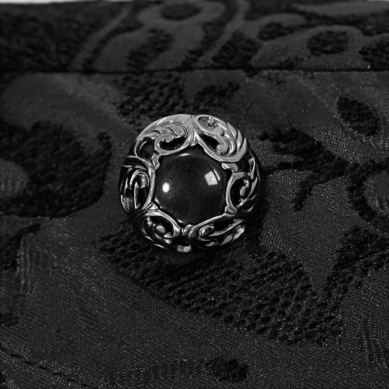 Men's black gothic cloak with stand-up collar styled with alternative fashion aesthetic and decorative accessories