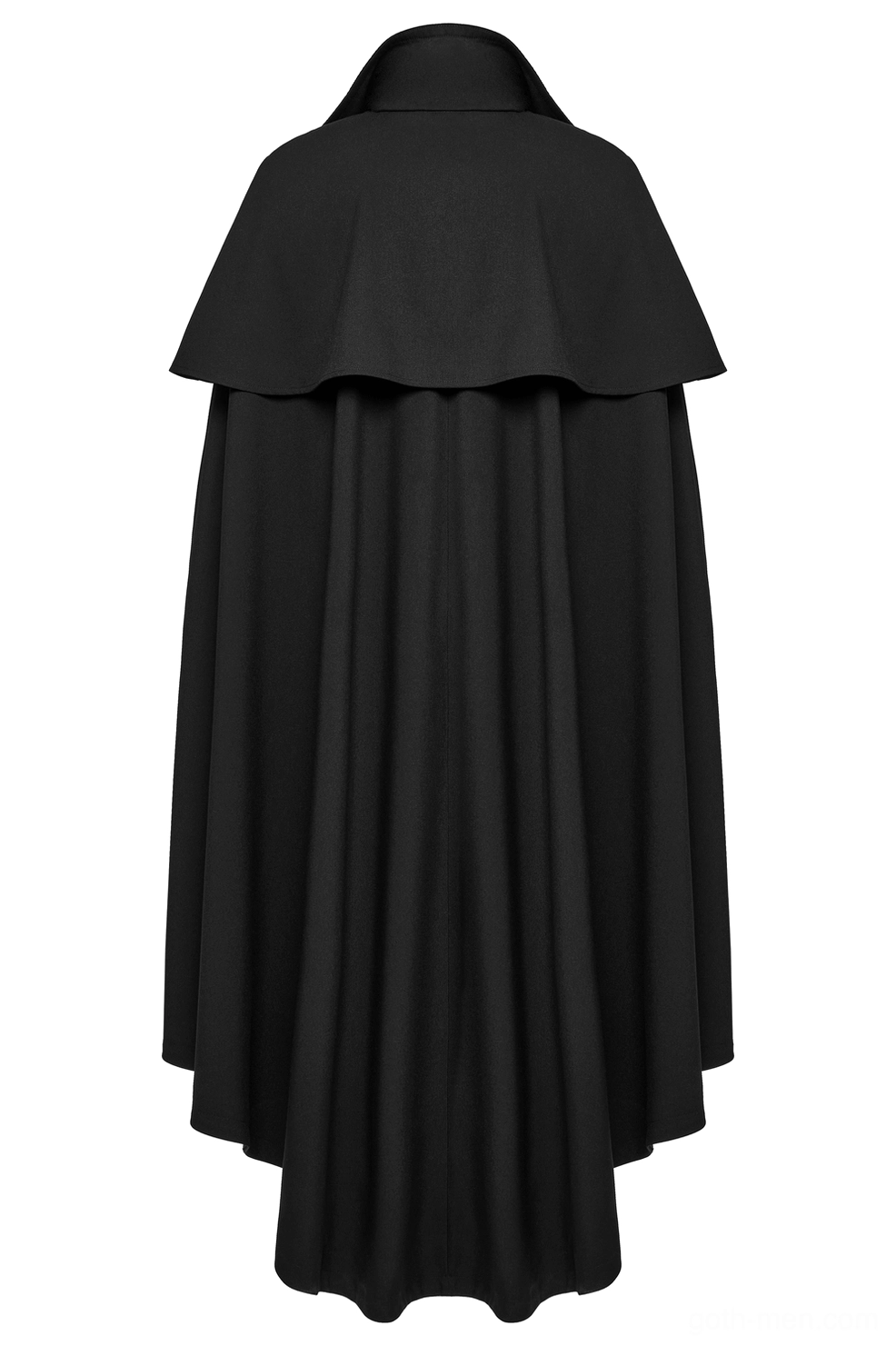 Rear flat lay of black gothic cloak showing layered shoulder collar and uneven hemline with embossed velvet detailing