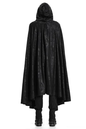 Black gothic hooded cloak back view showing draped silhouette and high-low uneven hem