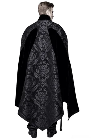 Back view of men's gothic long cloak with velvet shoulder panels, pointed hem splits, and vintage damask print detail