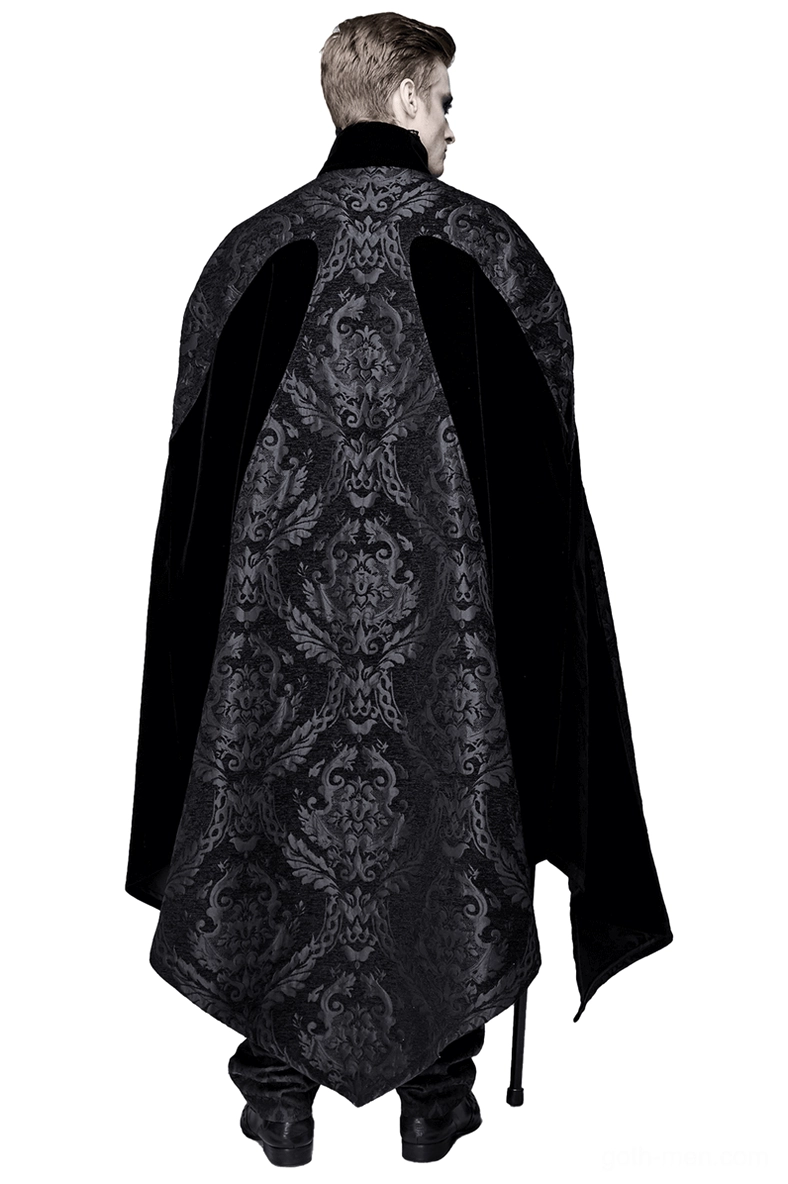 Back view of men's gothic long cloak with velvet shoulder panels, pointed hem splits, and vintage damask print detail
