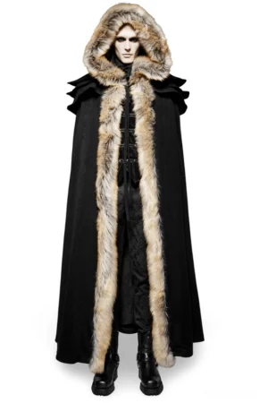 Male model wearing black gothic wool cloak with faux fur collar, front view studio shot showcasing hooded cape design
