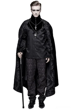 Men's black gothic long cloak with stand-up collar front view, featuring damask pattern and removable silver cross necklace on white background