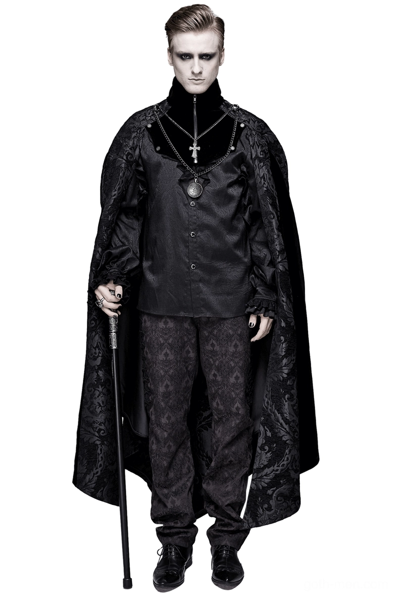 Men's black gothic long cloak with stand-up collar front view, featuring damask pattern and removable silver cross necklace on white background