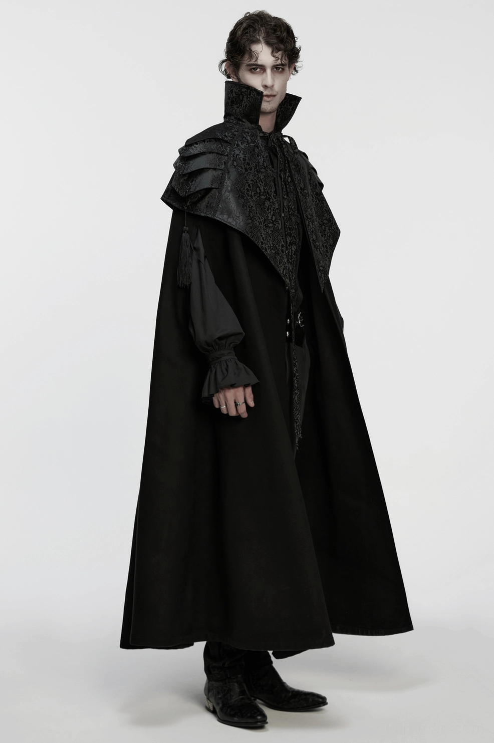Black gothic cloak with structured shoulders - floor-length silhouette and architectural pauldron design