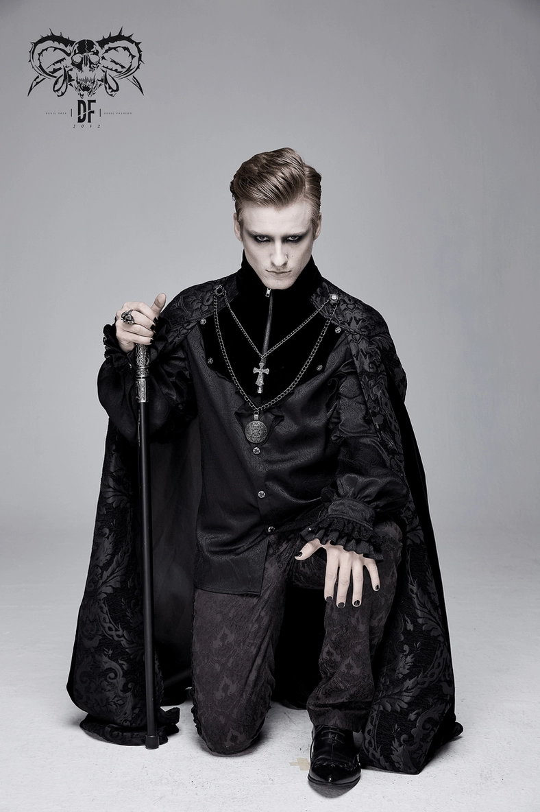 Black gothic cloak with removable cross necklace, showcasing Victorian-inspired design and architectural collar structure