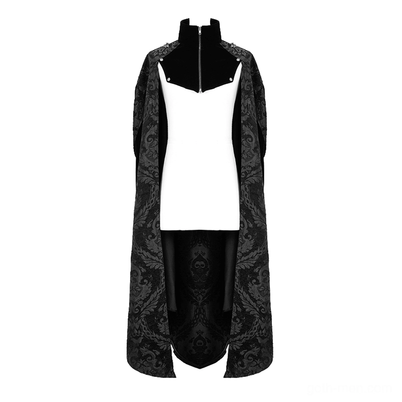 Front full-body view of black gothic cloak with zippered stand-up collar, damask pattern, displayed with white inner vest layer
