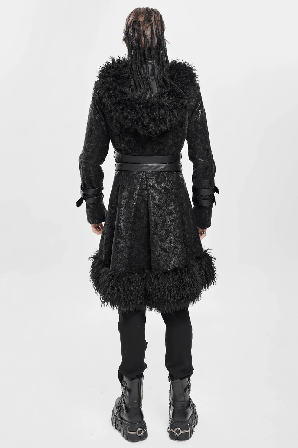 Black gothic hooded coat showing cuff strap details, hood structure and fitted cut for alternative fashion wear