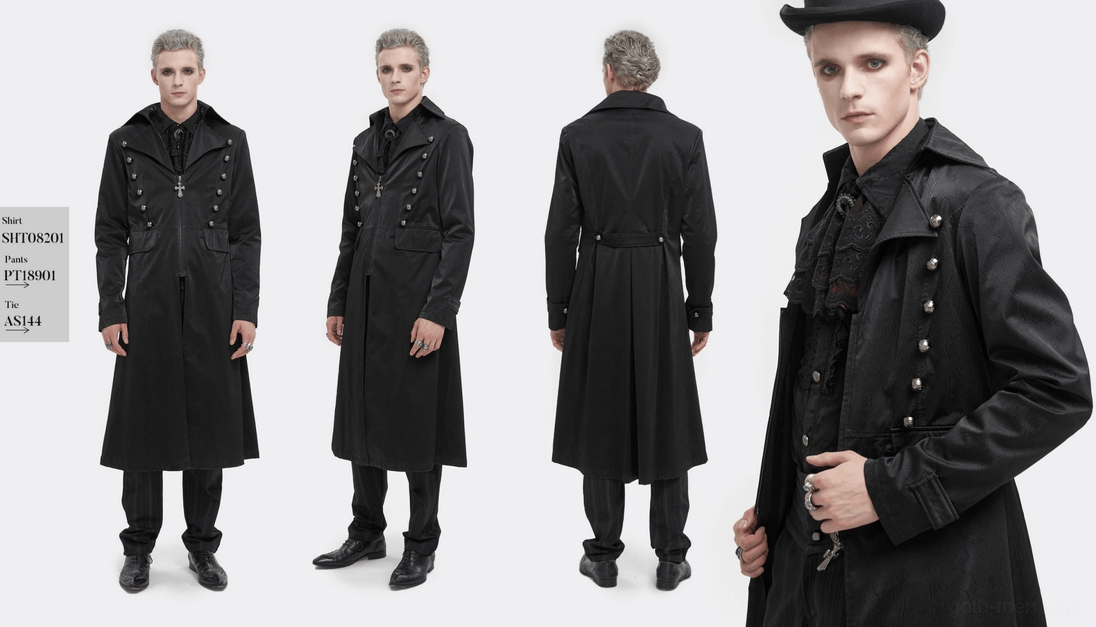 Black leather gothic coat embossed pattern and button array styling detail
