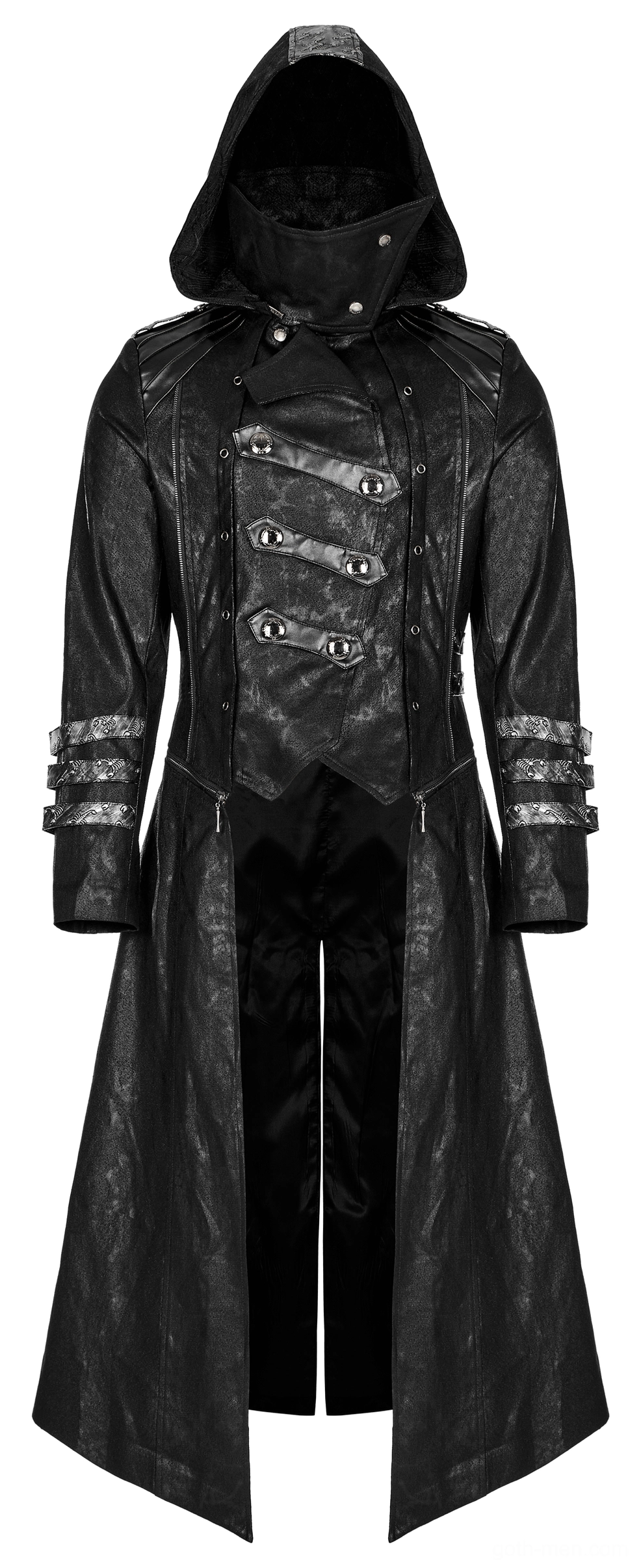 Black gothic hooded coat flat lay showing asymmetrical silver buckles and tailored silhouette