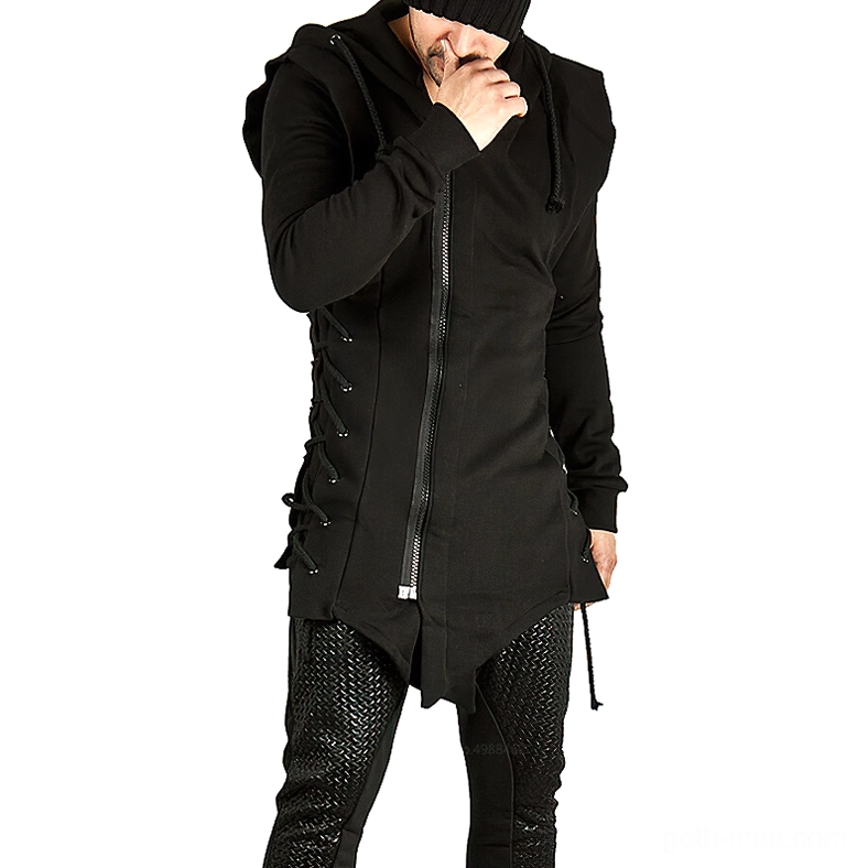 Black gothic zip-up hooded coat front hanging view showing full-length asymmetric zipper and drawstring hem