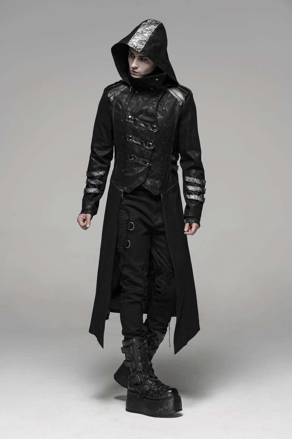 Black gothic coat showing pocket or accent detail on fitted torso section