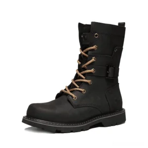 Black distressed leather gothic combat boot left side-front view, lace-up closure and buckle strap detail