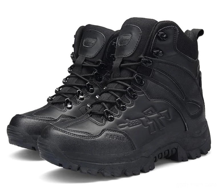 Pair of black gothic combat boots front flat angle with all-black finish and embossed branding