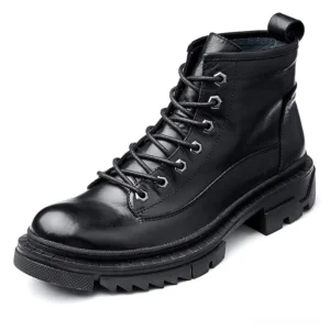 Men's glossy black gothic combat boots with thick lug sole and lace-up design - front three-quarter view
