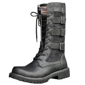 Black gothic combat boots with lace-up closure and riveted details, side frontal view on white background