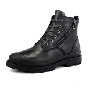 Black gothic combat ankle boots with side zipper and lace-up closure, left front three-quarter view on white background