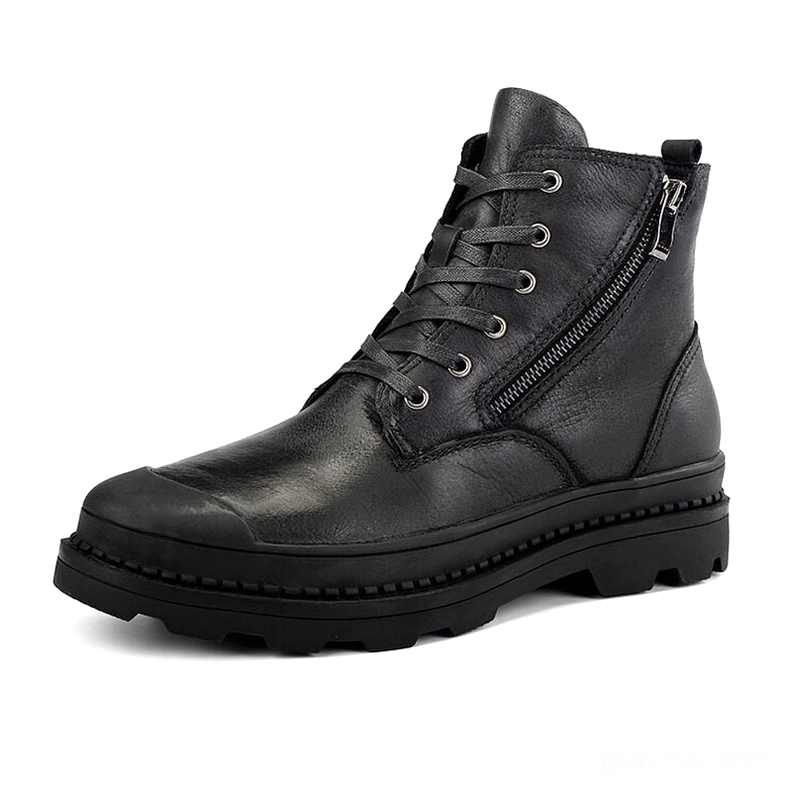 Black gothic combat ankle boots with side zipper and lace-up closure, left front three-quarter view on white background