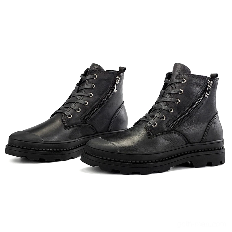 Pair of black leather gothic combat boots shown side-by-side overhead view with matching lace-up and zipper design