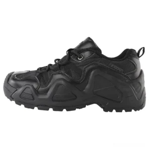 Black tactical combat hiking boots with anti-slip rubber sole and lace-up closure, side view showing breathable nylon upper