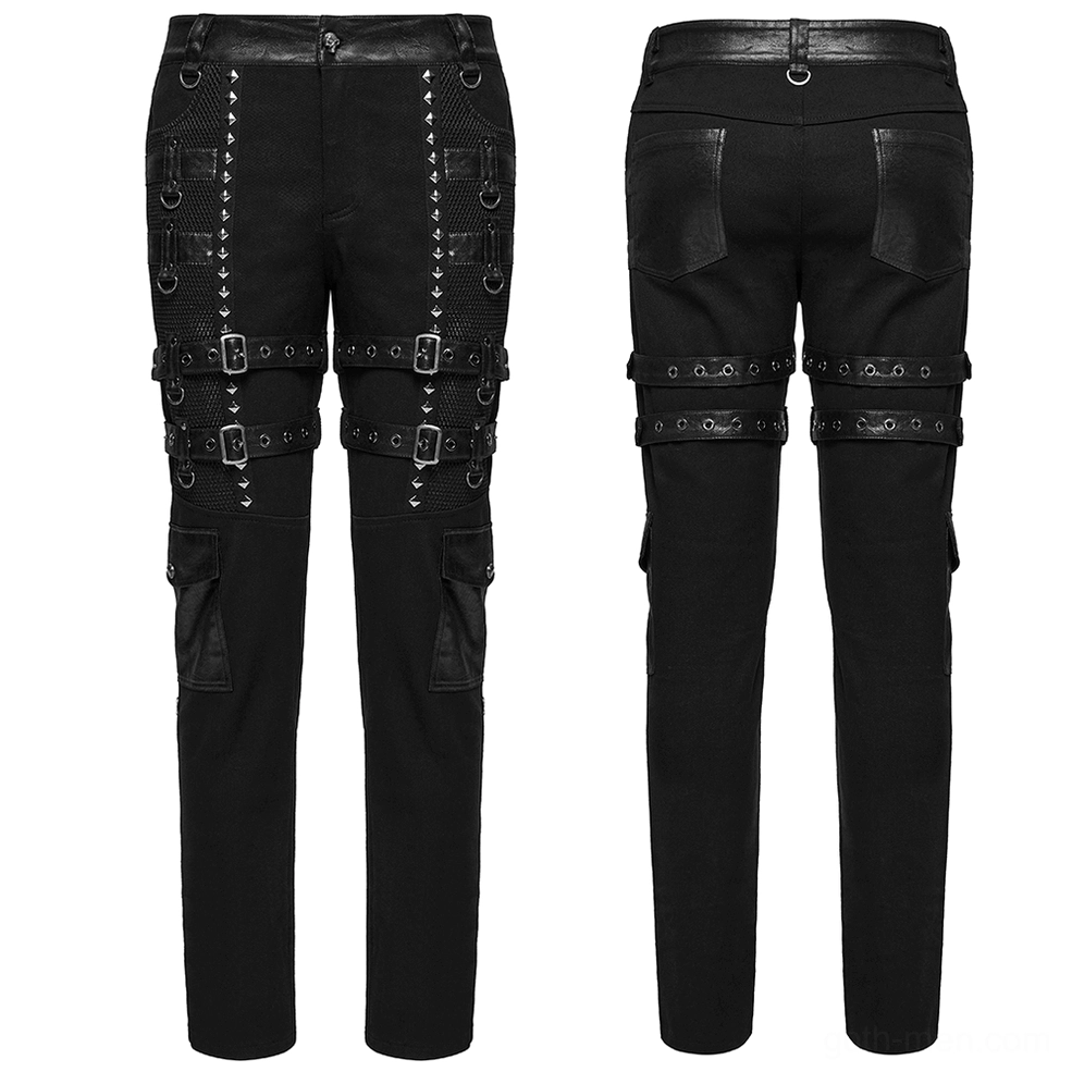 Black gothic combat pants front flat lay displaying adjustable straps, cargo pockets, and metal hardware