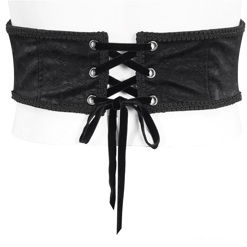 Back display of black gothic corset belt with velvet lace-up tie and jacquard texture