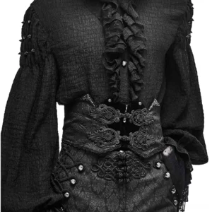 Black gothic corset belt with ornate brocade jacquard fabric and carved front buckles, close-up studio shot