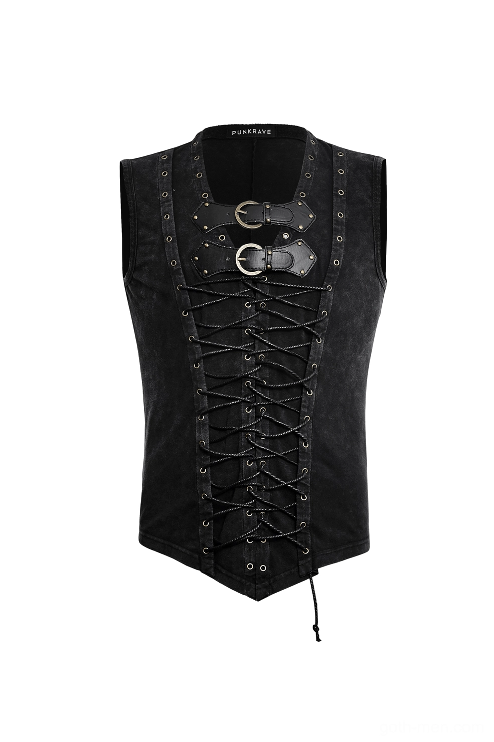 Front flat lay view of black gothic lace-up corset vest with antique brass buckles, showing washed cotton construction and braided cord lacing