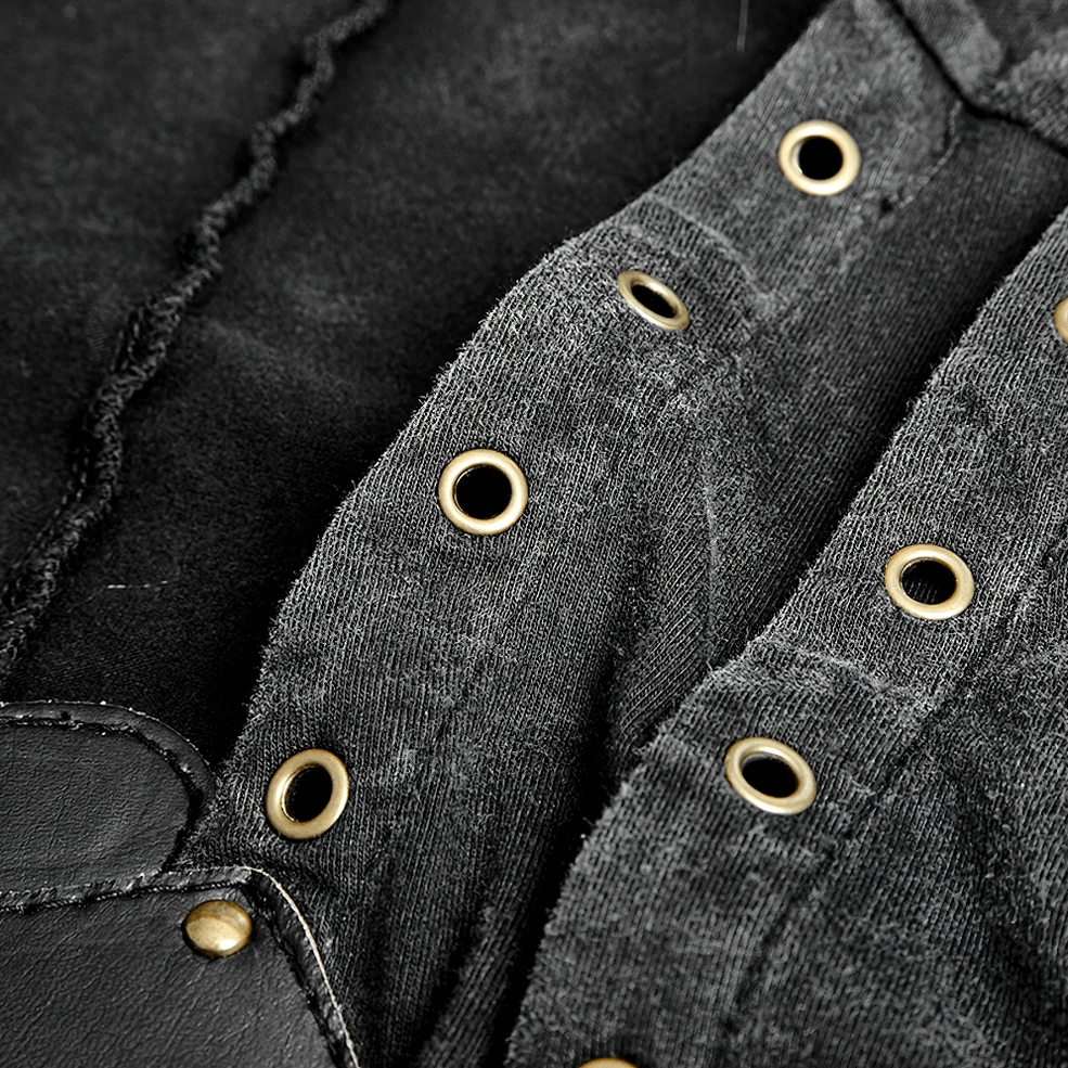 Full front view of black gothic lace-up corset vest showing complete buckle strap system, eyelet placement, and overall design composition