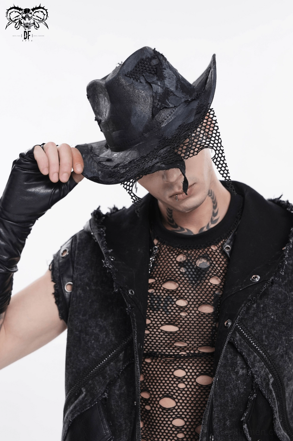Black gothic cowboy hat display showing complete brim silhouette and distressed darkwear aesthetic