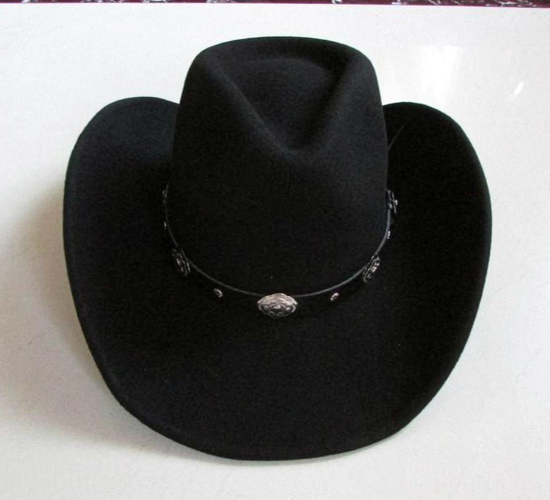 Black wool gothic cowboy hat frontal view with curved wide brim and metal concho leather band