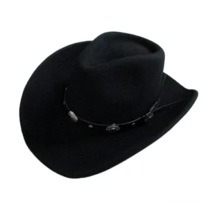 Black gothic cowboy hat with leather band and metal conchos, three-quarter side view showing wide brim and woolen texture