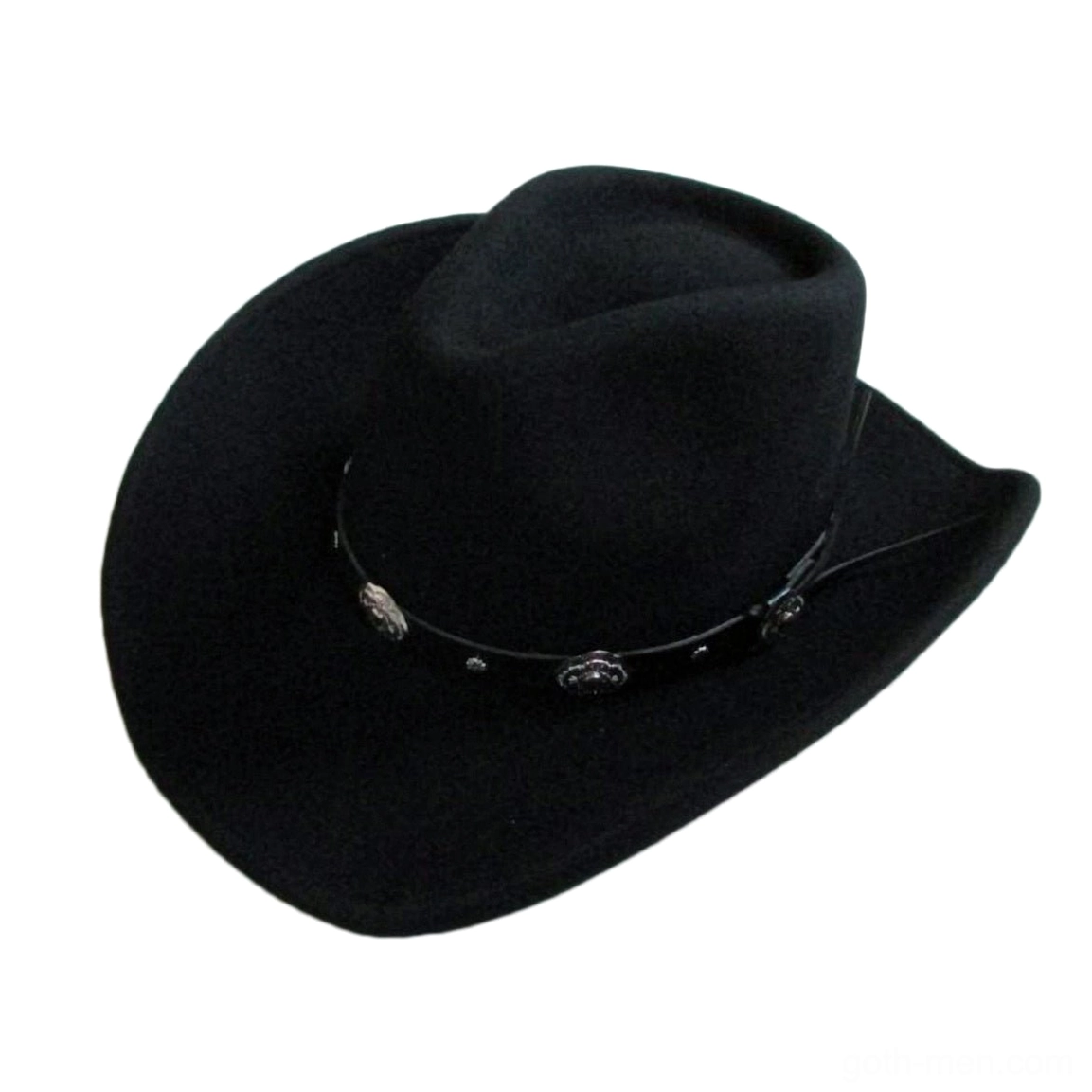 Black gothic cowboy hat with leather band and metal conchos, three-quarter side view showing wide brim and woolen texture