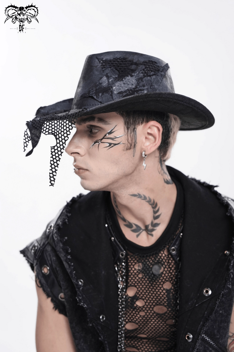 Black gothic cowboy hat on mannequin head featuring complete distressed mesh veil and worn texture details