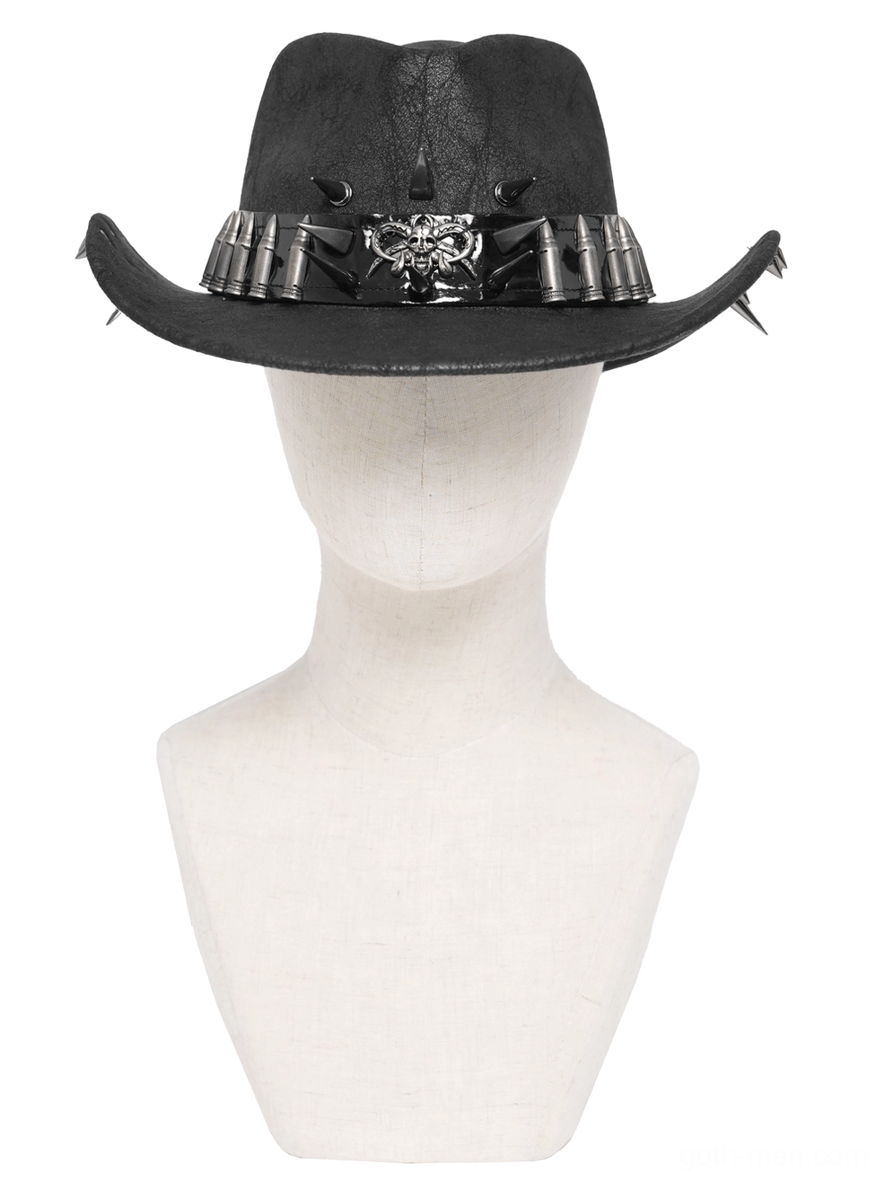 Black faux leather gothic cowboy hat with metal skull and spike bullet band on white mannequin head front view