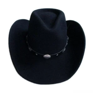Black wide-brimmed gothic cowboy hat overhead top view displaying crown structure and leather strap details