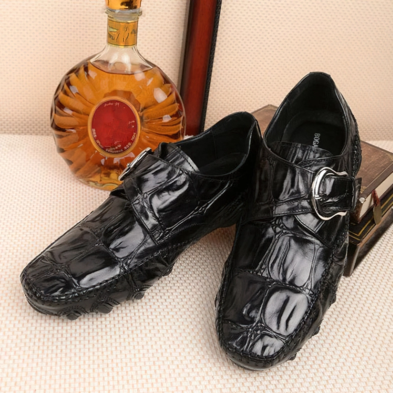 Black men's gothic crocodile leather loafers three-quarter pair view with dark styling aesthetic