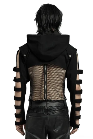 Black gothic cropped jacket rear view showcasing cutout sleeve straps and studded back panels on male model