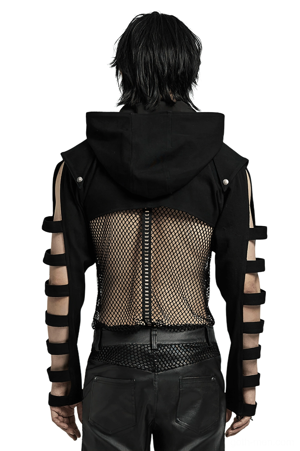 Black gothic cropped jacket rear view showcasing cutout sleeve straps and studded back panels on male model