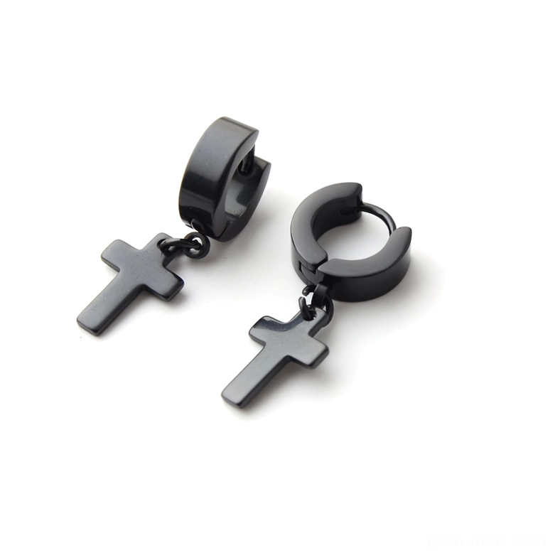 Matte black stainless steel cross dangle earrings flat lay - gothic huggie style pierced earring