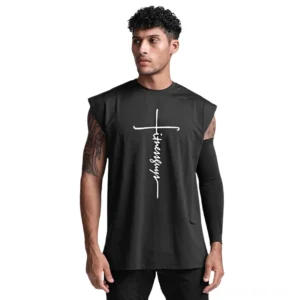 Black gothic cross letter print sleeveless tank top worn by tattooed male model, front view