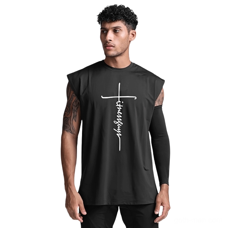 Black gothic cross letter print sleeveless tank top worn by tattooed male model, front view