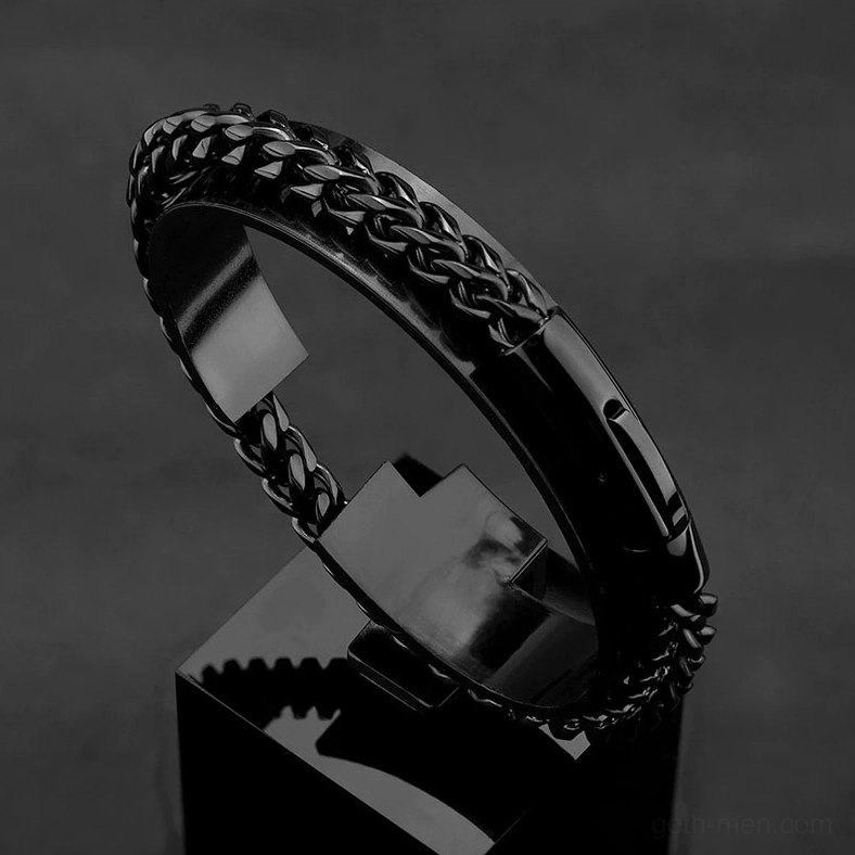 Matte black stainless steel gothic curb chain bracelet - three-quarter side view showing texture