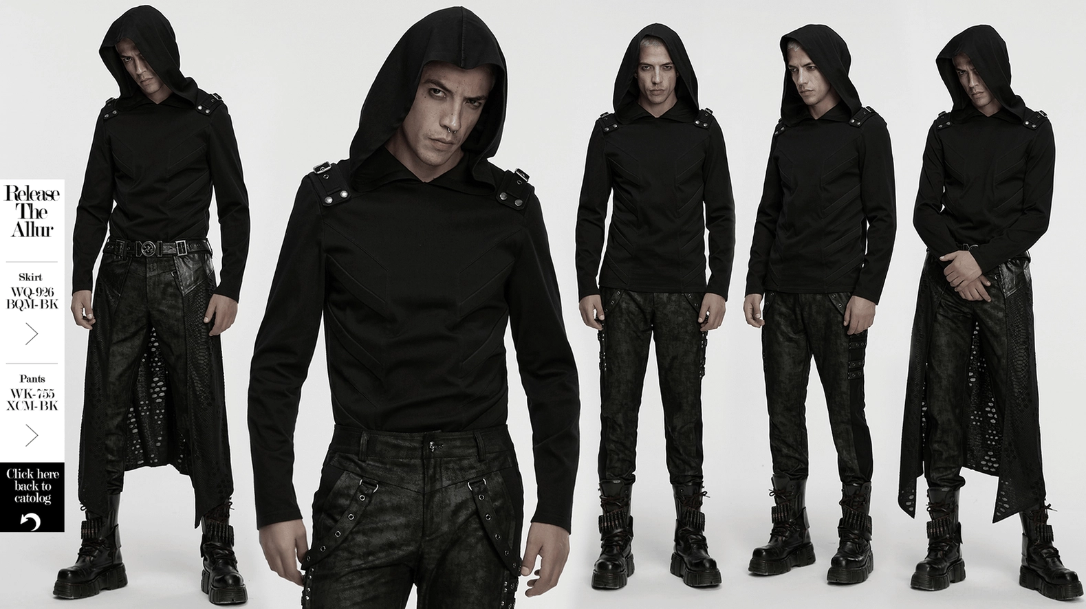 Black men's gothic cyberpunk hooded sweatshirt with 3D chest panels - main product hero shot