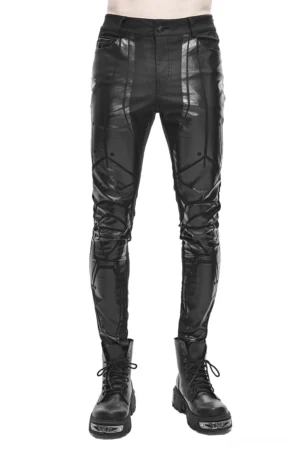 Black gothic cyberpunk skinny trousers with PU striped splicing front view on male model