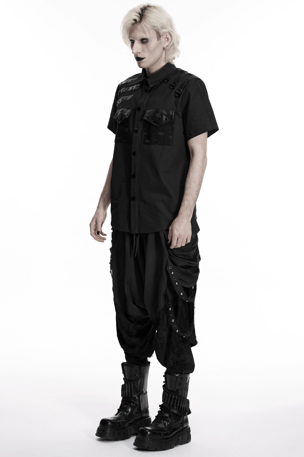 Black gothic D-ring harness shirt standalone product shot - full front view industrial design