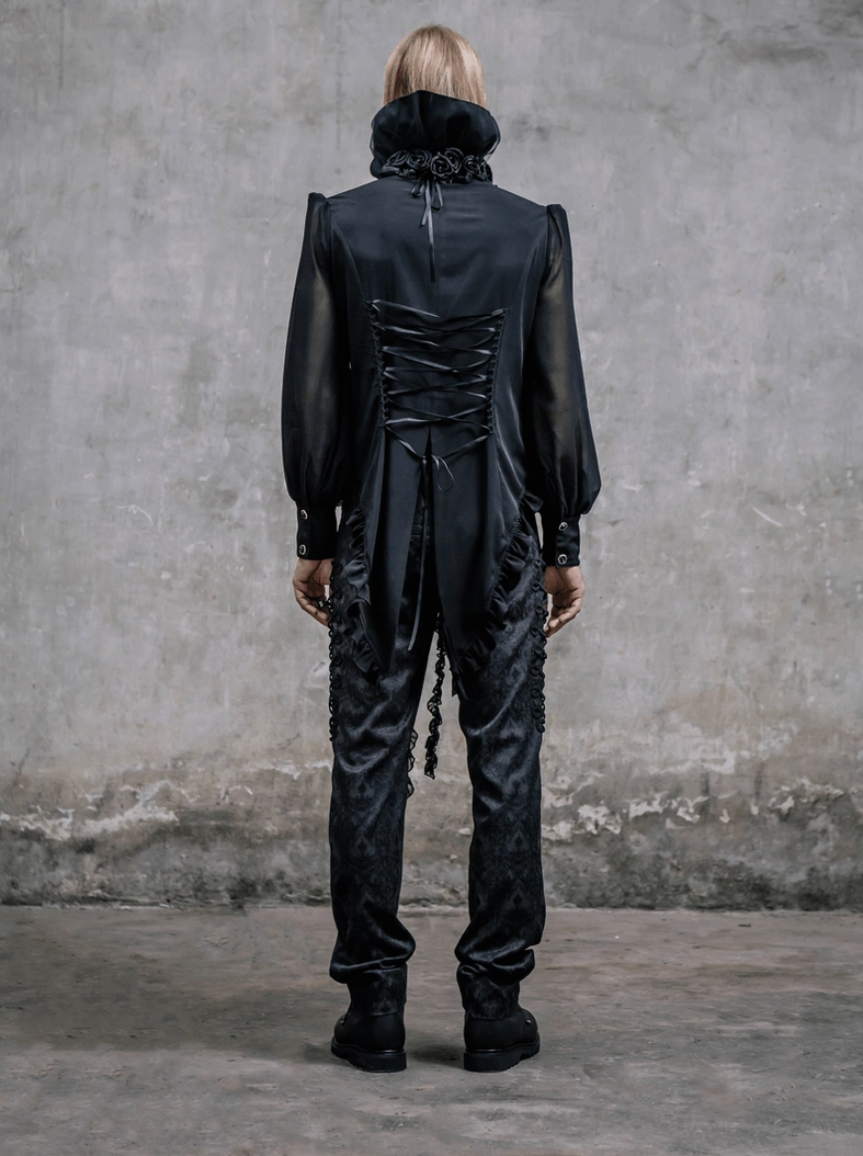 Black gothic damask trousers front view showing sophisticated jacquard weave and structured fit