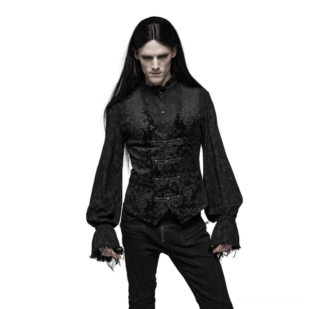 Close-up front view of black gothic damask vest showing multi-button placket and fitted silhouette
