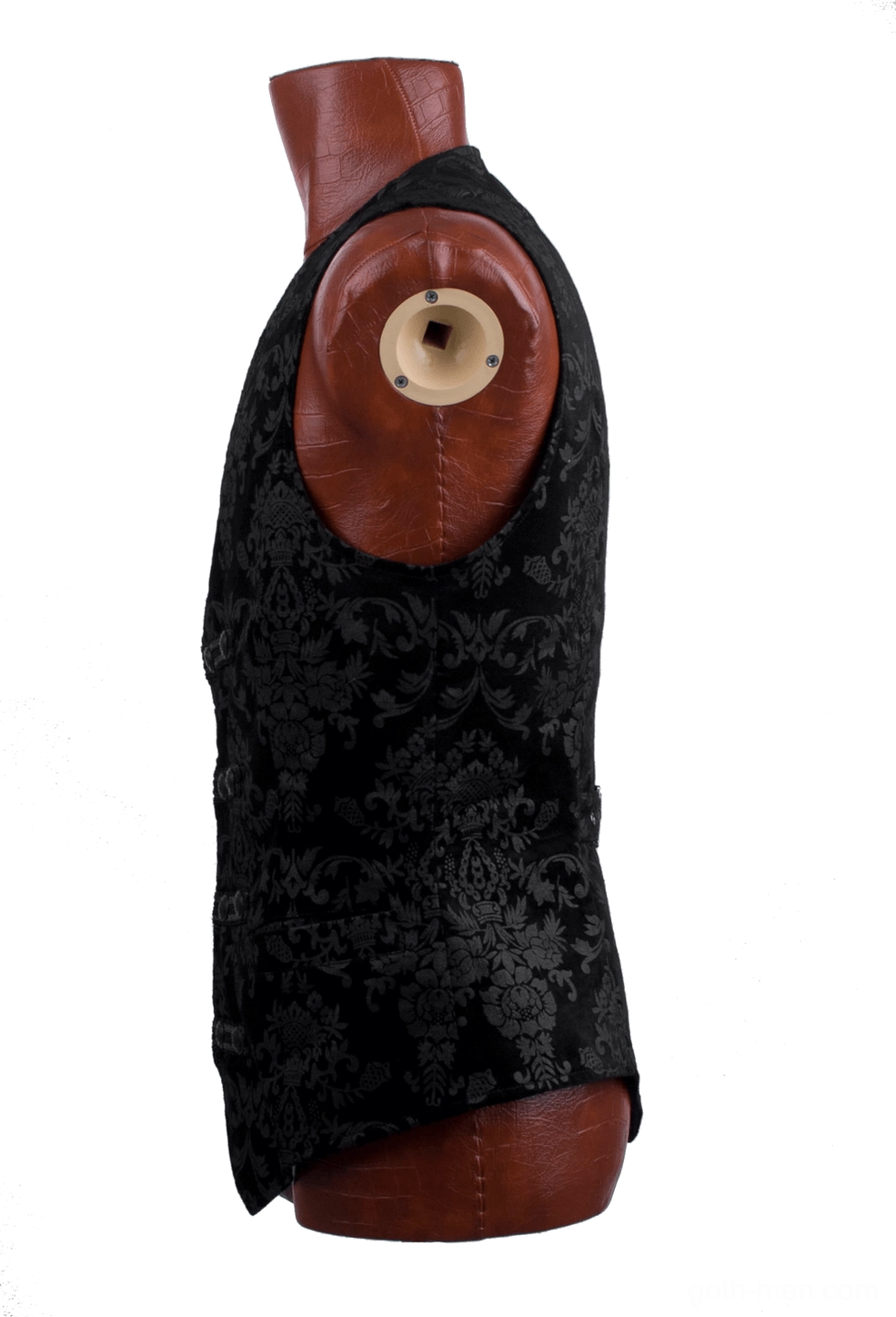 Left side view of black gothic damask vest on dress form highlighting curved hemline and fitted cut